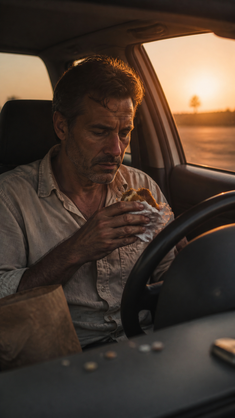 Uomo che mangia un panino seduto in macchina, al tramonto